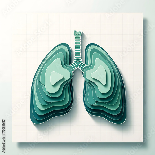 Human lungs created in a layered paper cut art style. Abstract concept for respiratory health and anatomy.