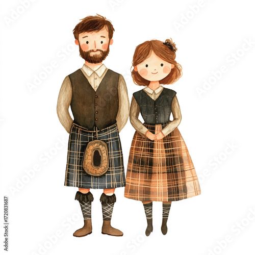 Couple in Traditional Scottish Highland Attire.