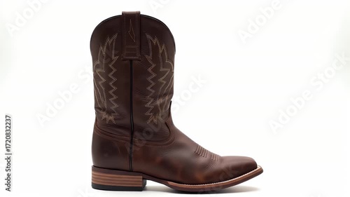 Single Dark Brown Cowboy Boot with Decorative Stitching on a White Background