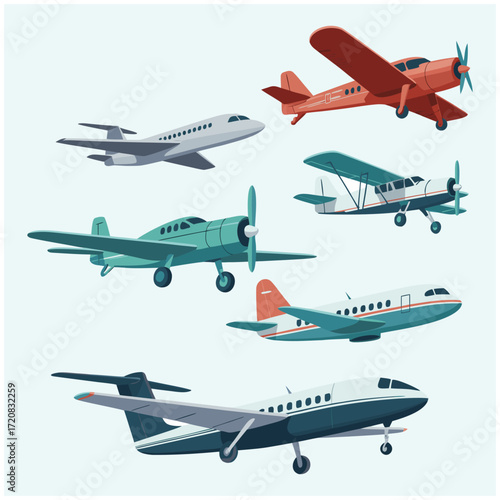 Airplane collection flying aircraft vehicle air transport flat vector illustration