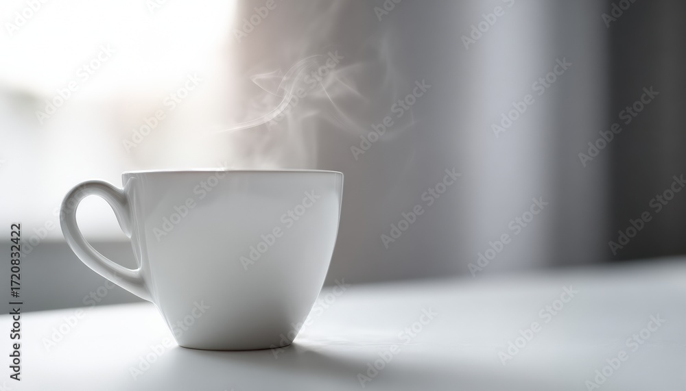 Fototapeta premium White ceramic mug releasing steam on a minimalist table, warm morning beverage evoking cozy, peaceful break and quiet contemplation