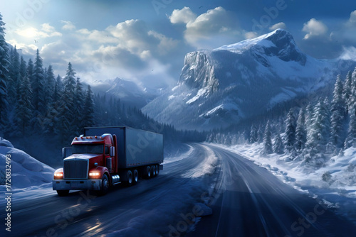 Truck driver big rig transport highway mountain snow forest road