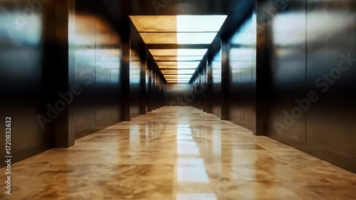 Symmetrical Corridor with Marble Floors and Elevators with Warm Lighting
