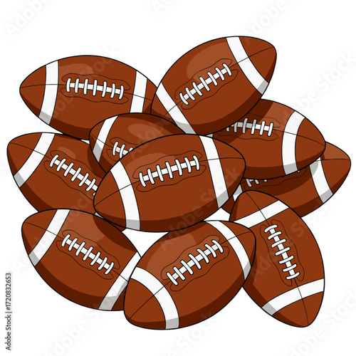 Group of brown footballs resting together on a transparent background in a playful arrangement