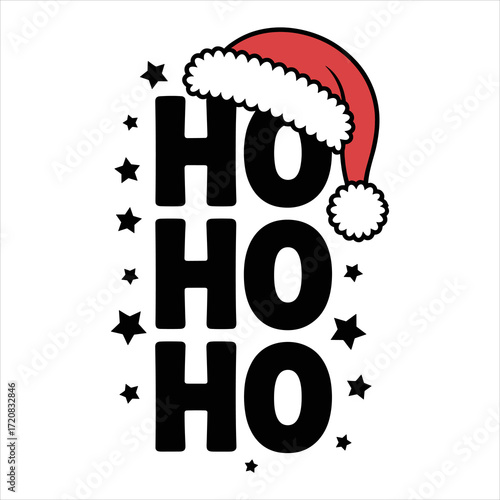Ho Ho Ho Christmas Santa Hat Holiday Vector Illustration, Festive Ho Ho Ho Text with Santa Hat Christmas Clipart, Christmas Holiday Ho Ho Ho Typography Santa Hat Design.