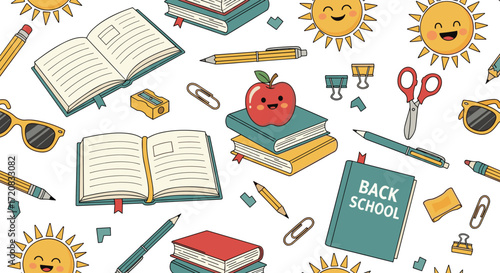 A cheerful and colorful collection of school supplies and happy sun illustrations creating a vibrant back to school theme.