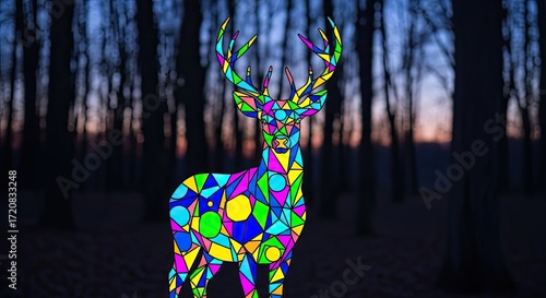 Vibrant Geometric Deer Silhouette in Mystical Forest at Sunset Artistic Illustration