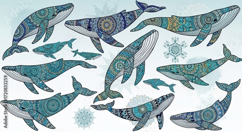 Decorative Whales Illustration Digital Art Marine Life Nature Ocean Blue Patterns