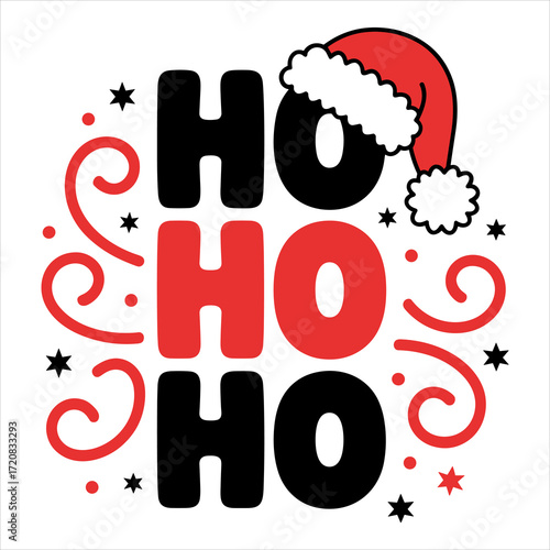 Ho Ho Ho Christmas Holiday Vector Illustration, Festive Santa Ho Ho Ho Christmas Clipart Design, Christmas Typography Ho Ho Ho Holiday Graphic.