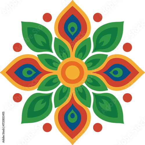 Colorful Mandala Floral Pattern With Green Leaves And Geometric Petals For Home Decor and Wall Art