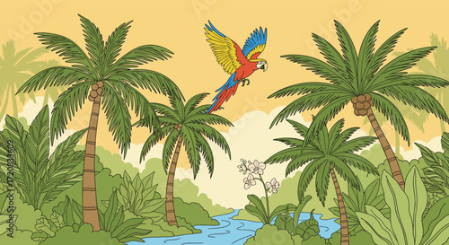 A colorful parrot flies over a tropical jungle river with palm trees.