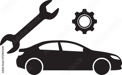 Illustration of car repair and maintenance icon with wrench and gear isolated on white background