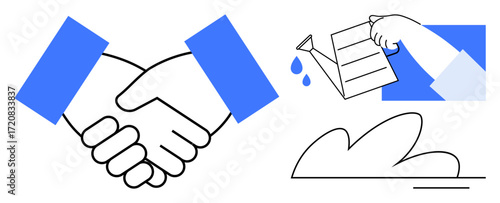 Handshake symbolizing partnership and cooperation, watering can pouring on abstract growth. Ideal for collaboration, teamwork, partnership, trust, business growth, nurturing mutual success. Simple