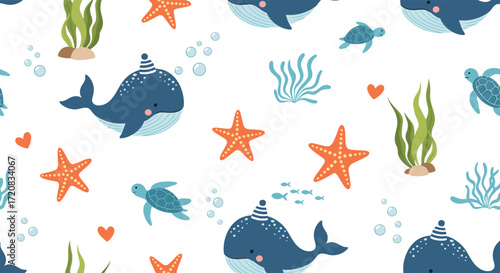 A charming collection of cartoon sea creatures and underwater plants.