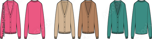 Cardigan sweater vector illustration, front and back view, multiple colors, fashion apparel design, unisex knitwear clothing template, stylish casual outfit