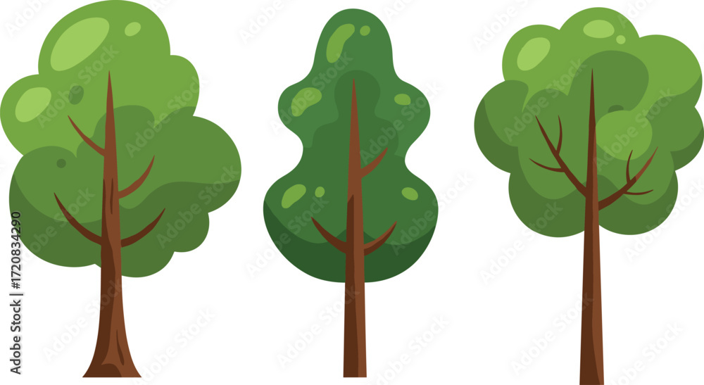 Fototapeta premium Flat cartoon green trees collection, simple nature illustration set, eco forest design for park, landscape, garden, environment, outdoor background vector