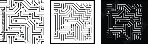 Circuit Board Pattern Icon Set Black Flat and Line Style PCB Symbol Collection Group of Microchip, Processor, Electronic, Semiconductor, Technology, Digital Hardware Vector
