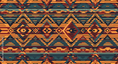 A repeating geometric textile pattern with triangular and diamond shapes in earthy tones of orange brown and teal.