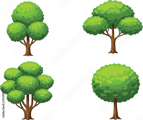 Cartoon green leafy trees collection, natural forest illustration set, vector design for landscape, garden, park, ecology, outdoor, environment background