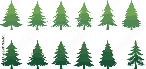 Collection of evergreen pine tree illustrations, Christmas holiday design, green forest fir silhouettes, winter nature decoration elements vector artwork