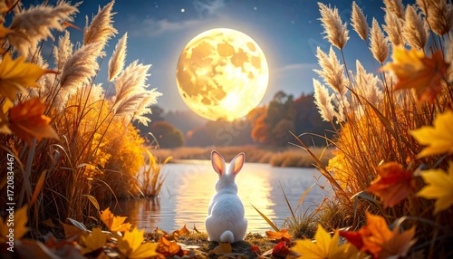 中秋の名月と白うさぎの秋夜景イラスト：お月見：十五夜と十三夜