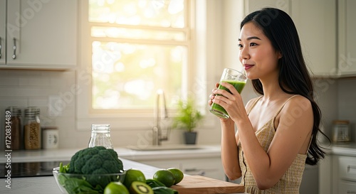 woman drinking smoothie in kitchen