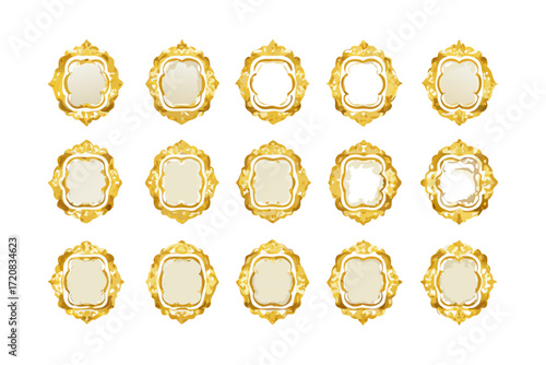 Fifteen golden ornate frames with varied designs arranged on a white background in a symmetrical pattern