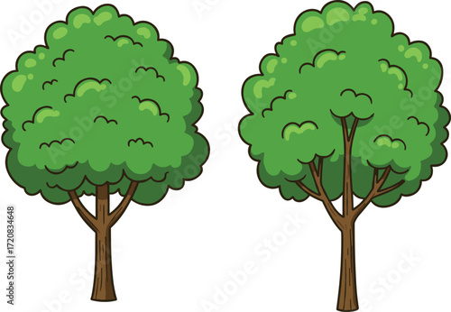 Cartoon green tree illustration set with full leafy branches, natural forest element, summer season foliage, ecology vector clipart for design