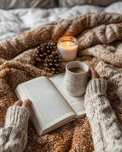 Cozy autumn scene with person holding mug of coffee and reading book on knitted blanket, surrounded by pine cones and lit candle, creating warm and inviting atmosphere