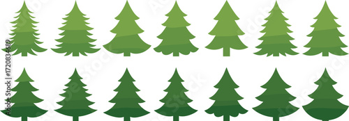 Collection of green pine tree vector illustrations, Christmas fir forest silhouettes, evergreen conifer design, seasonal winter holiday decorative elements
