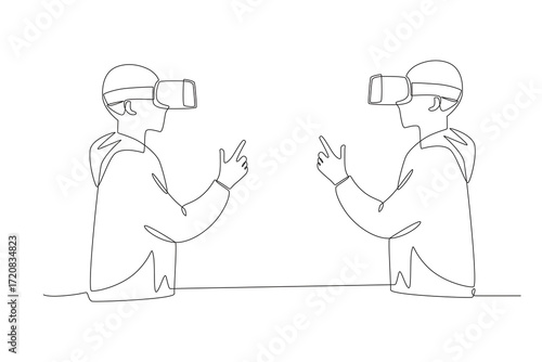 Friends playing at a vr center concept one-line drawing