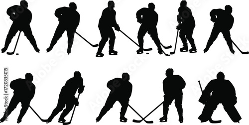 Collection of ice hockey player silhouette vector illustrations, skating athletes with sticks, goalie figure, sports action poses, black clipart icons