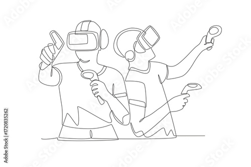 Friends playing at a vr center concept one-line drawing