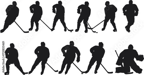 Collection of ice hockey player silhouettes, skating athletes in motion, goalie with stick, puck action, black vector sports illustration design
