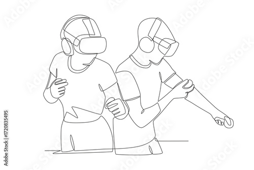 Friends playing at a vr center concept one-line drawing