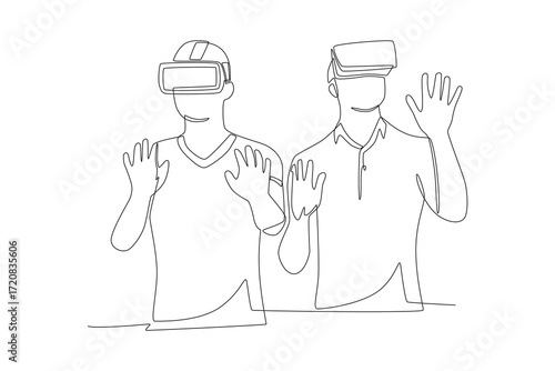 Friends playing at a vr center concept one-line drawing