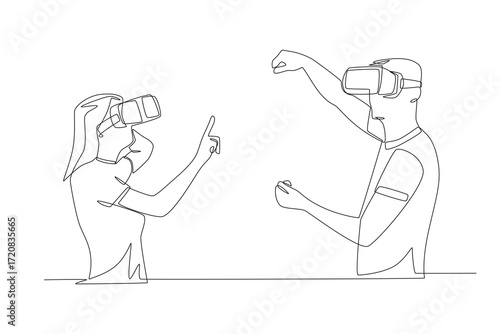 Friends playing at a vr center concept one-line drawing