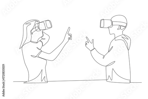 Friends playing at a vr center concept one-line drawing