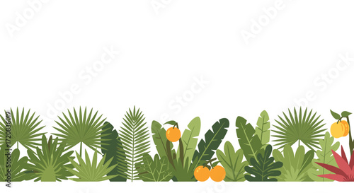 A lush tropical jungle scene filled with vibrant green leaves and juicy oranges.