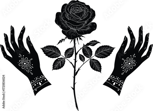 Mystical hands with rose flower silhouette, elegant floral tattoo design, magical feminine artwork, botanical vector illustration, spiritual flower art symbol