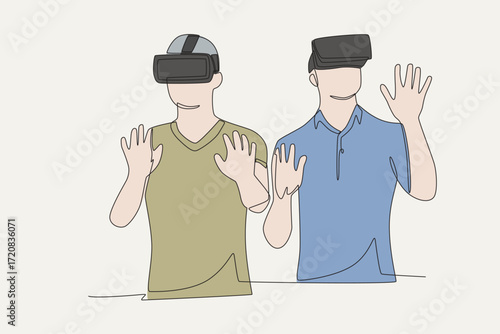 Colored friends playing at a vr center concept one-line drawing