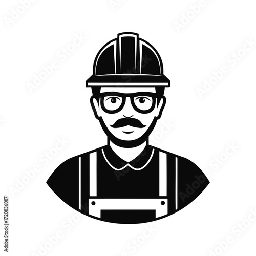 Construction Worker Icon with Helmet, Glasses, and Mustache