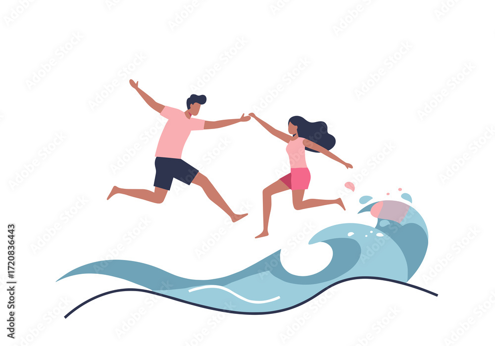 Obraz premium Couple jumping waves in ocean while smiling and enjoying summer 