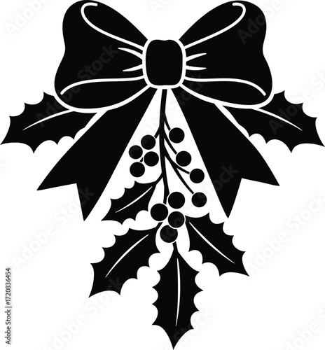 Christmas Mistletoe Silhouette with Bow and Decorative Berrie