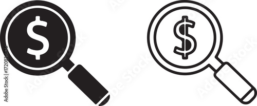 Illustration of magnifying glass over dollar sign, isolated on white background