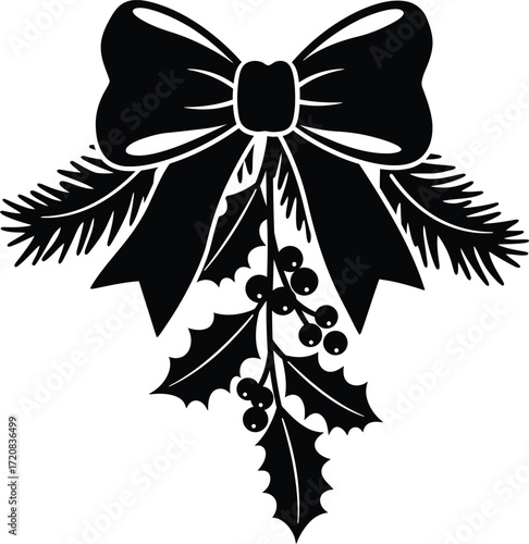 Christmas Mistletoe Silhouette with Bow and Decorative Berrie