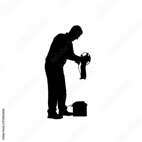 Technician cleaning dust from computer cpu fan silhouette