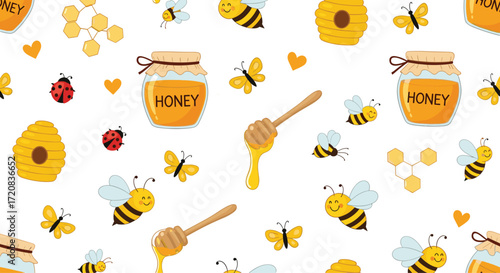 A cheerful seamless pattern featuring adorable bees collecting nectar from flowers and filling honey jars.