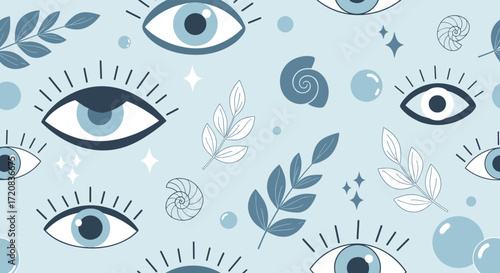 An abstract pattern featuring stylized eyes and botanical elements in calming blue tones.
