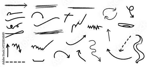 Black crayon arrow collection with curved and straight, spiral and dashed hand-drawn scribble vector elements.